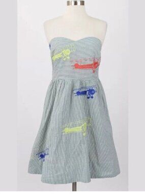 Anthropologie Seersucker Strapless Dress with Airplane Embroidery